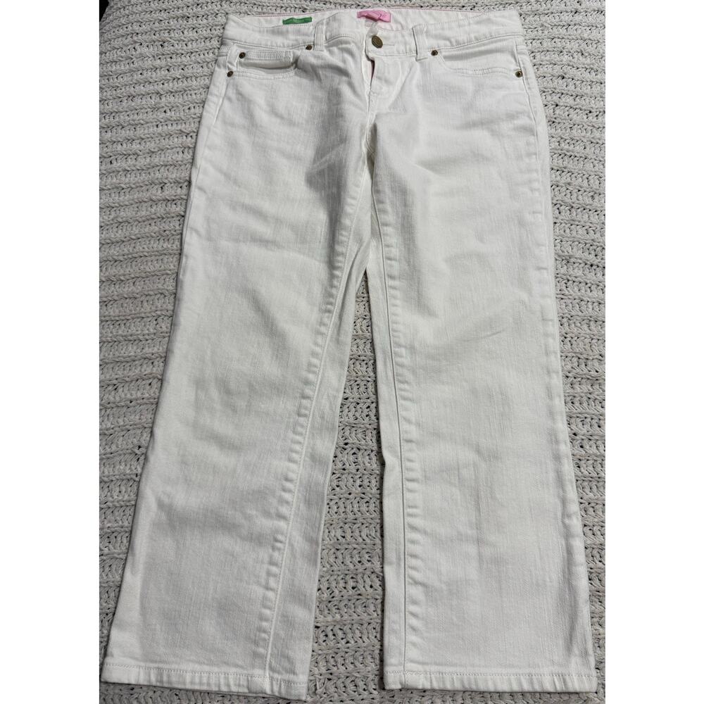 Lilly Pulitzer Cropped Jeans Pants Palm Beach Fit Women Sz 8 White Stretch Denim